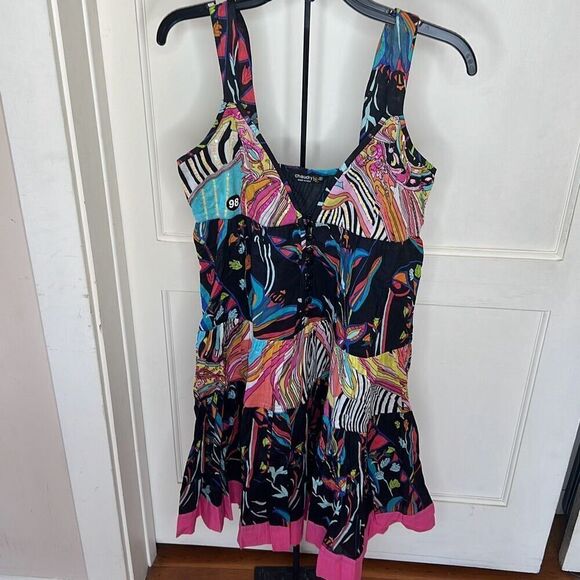 Chaudry KC Boho Bright Colored Patchwork Mini Dress Sleeveless Size Small New - Picture 2 of 6